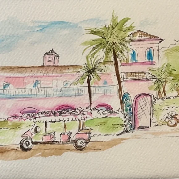 Lot os 2 orginal painted colony hotel palm beach watercolor art - Picture 2 of 2